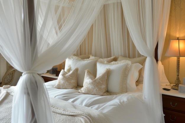 Custom canopy bed with sheer drapes and fine linens