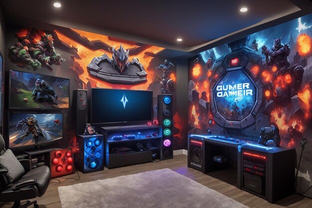 A custom gamer room with walls decorated