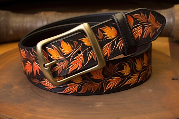 Photo custom leather belt with engraved buckle detail created with generative ai