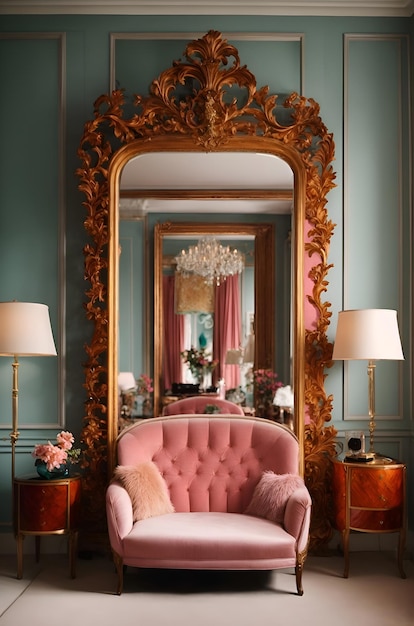 A custom mirror with a unique and intricately designed frame that complements the room decor