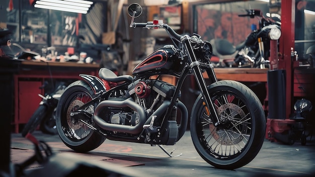 Custom motorcycle standing in repair shop