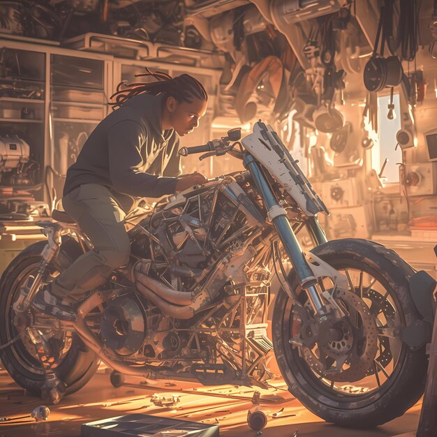 Custom Motorcycle in Workshop