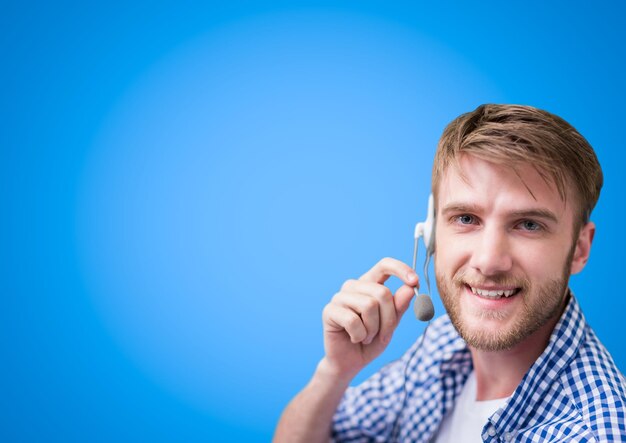 Customer care service man with blue background