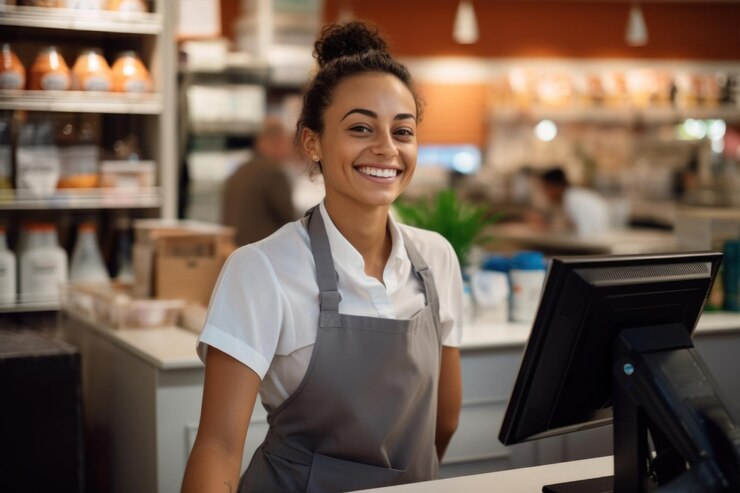 Photo customer checkout smiling working