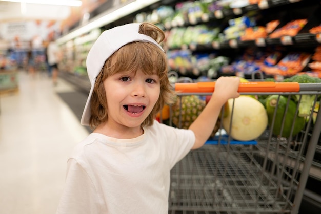 スーパーマーケットの食料品店で買い物をしている顧客の子供holdindトロリースーパーマーケットの小さな男の子製品で買い物用トロリーを持っているかわいい男の子