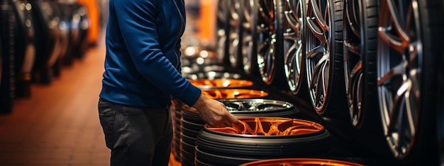 Customer choosing car tyres