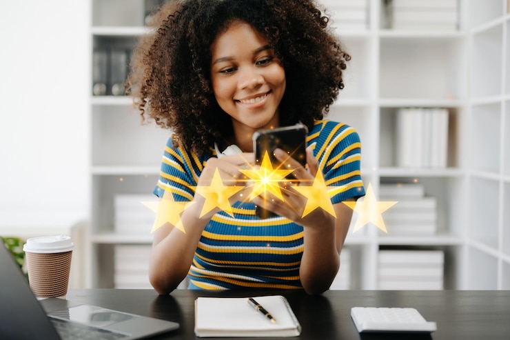 Photo customer or client the stars to complete five stars with copy space giving a five star rating service rating satisfaction concept in office