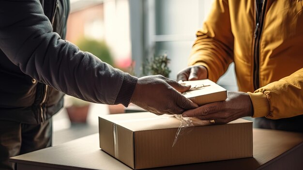 顧客は待望の荷物を受け取り、配達時に興奮と感謝の気持ちを込めて名前を記入します インタラクションは玄関先で行われます AI によって生成