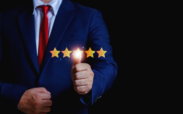 Photo customer experience concept hand showing five star excellent score on background copy space