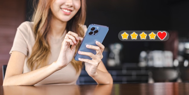 Customer experience review and feedback satisfaction service
concept customer woman giving five star rating for shop feedback
satisfaction good service