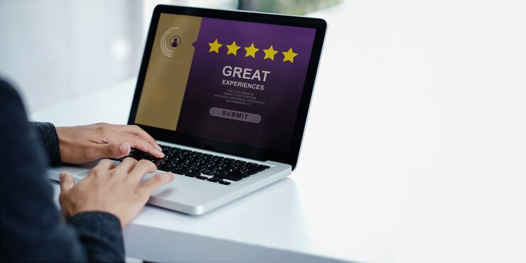 Customer Experiences Concept. Modern Businessman Giving Five Stars Rating and Positive Review