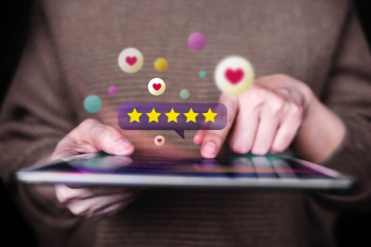 Customer Experiences Concept. Woman Using Tablet to Feedback Positive Review. Client Satisfaction Surveys