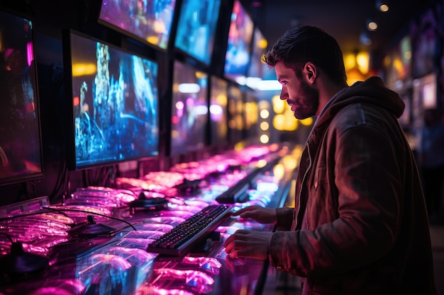 Customer exploring state of the art games in vibrant store generative ia