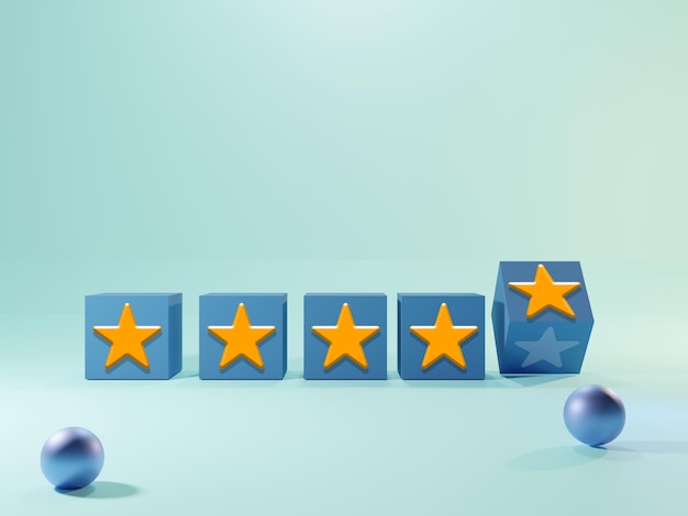 Foto esperienza di feedback dei clienti recensione concetto di valutazione a cinque stelle fila di cubo blu con stella gialla su sfondo blu rendering 3d