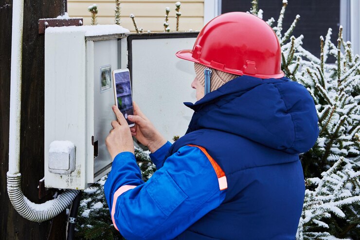 Photo customer field representative inspects an electricity meter for a routine check