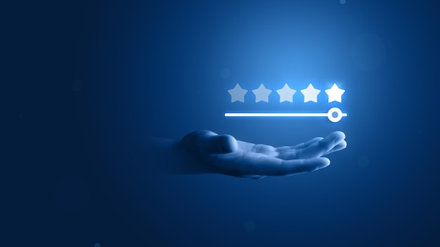 Customer hand review feedback glowing rating five star service
best product quality of ranking evaluation rate or user experience
good satisfaction and excellent business success on vote
background