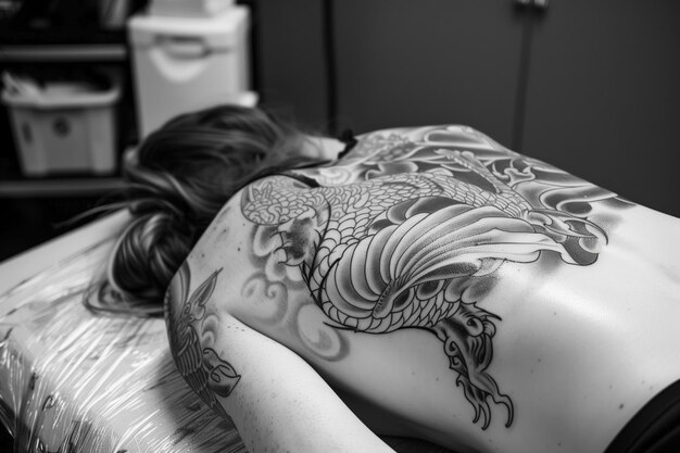 Photo customer lying on the bed during back tattoo