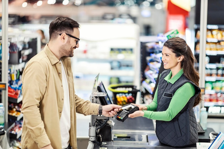 Photo a customer paying at checkout in supermarket