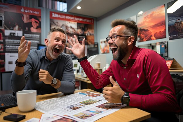 Photo customer and professional discuss marketing strategies with vibrant office enthusiasm generative ia