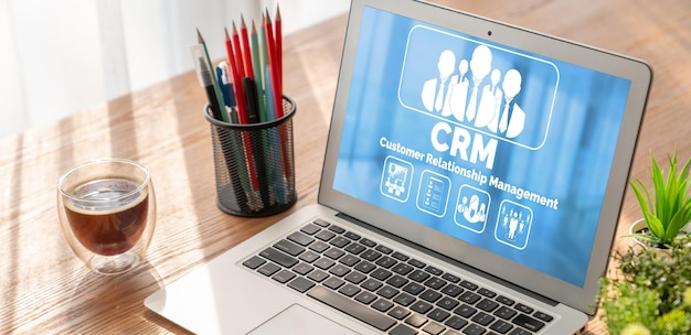 Foto sistema di gestione delle relazioni con i clienti su computer alla moda per aziende e aziende crm