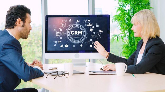 Photo customer relationship management system on modish computer for crm business