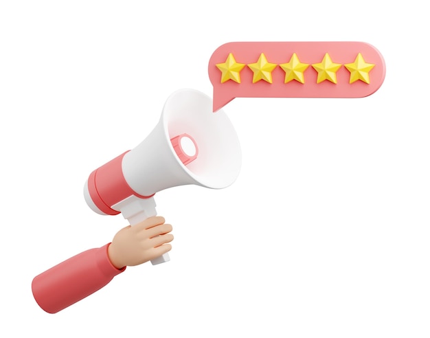 Customer review 3d render five stars on speech bubble comes out of loudspeaker held by hand