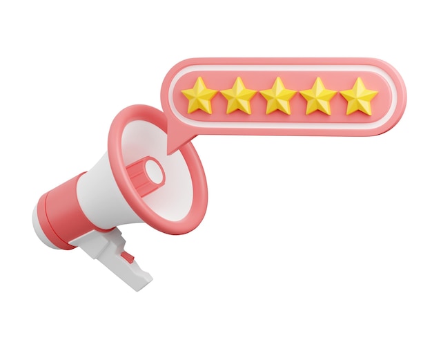 Customer review 3d render five stars on speech bubble comes out of loudspeaker