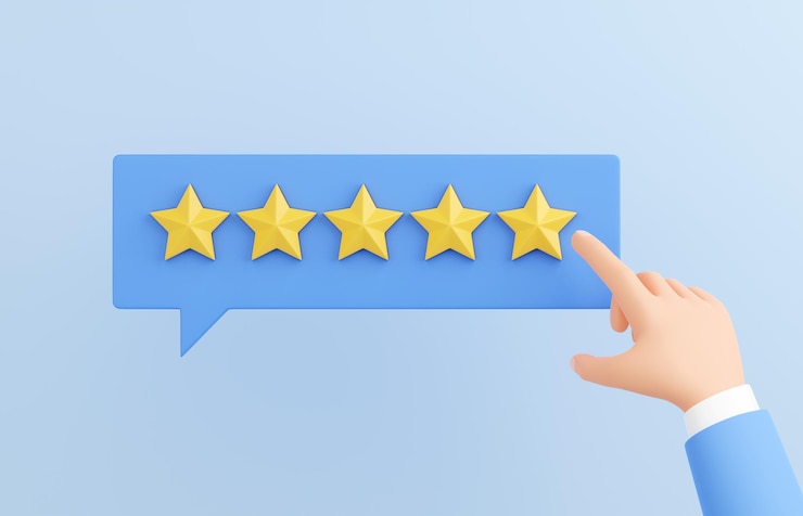 Photo customer review 3d render human hand marking 5 star on speech buble positive client experience concept