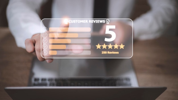 Customer review good rating concept customer review by five\
star feedback positive customer feedback testimonial