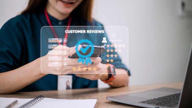 Customer review satisfaction feedback survey concept User give rating to service experience on online application service leading to reputation ranking of business