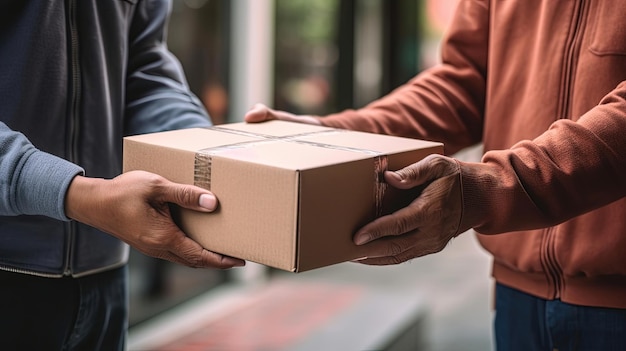 At the customer's doorstep a courier delivers a package and the recipient filled with anticipation signs their name to confirm the successful delivery Generated by AI