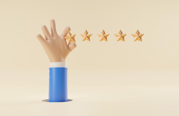 顧客満足度と製品サービスの評価の概念3dレンダリングイラストによるコピースペースで黄色の星を保持し、5つ星に置くビジネスマン
