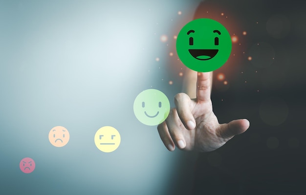 Premium Photo | Customer satisfaction concept client satisfy with pressing  the smiley icon excellent service