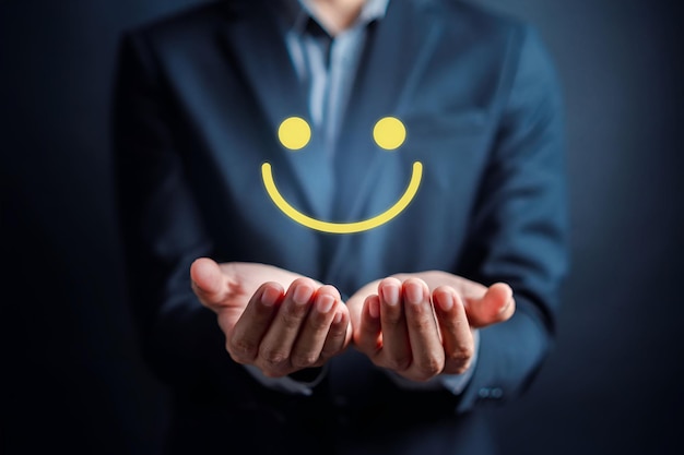 customer satisfaction survey businessman holding smile icon satisfaction service experience rating online application customer evaluation product service quality