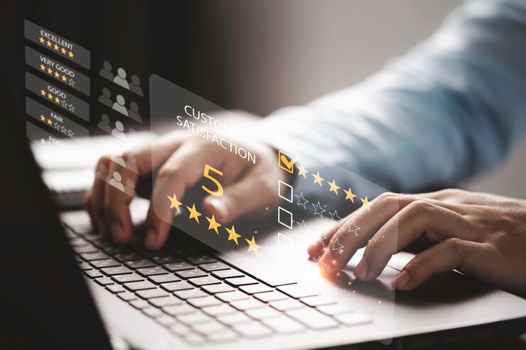 Customer satisfaction survey concept Businessman using computer laptop to select excellent yellow five stars to evaluate product and service