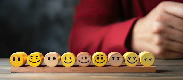 Customer selects smiley face and sad face icons on wooden cube symbolizing service rating and satisfaction Copy space available