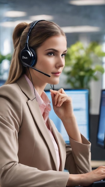 Customer service assistants with headsets with bright office background