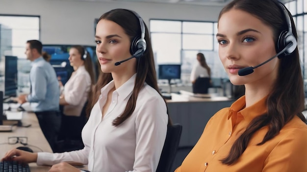 Customer service assistants with headsets with bright office background