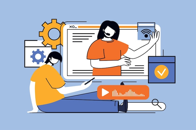 Web 用のフラットなデザインの人々 のシーンを含む顧客サービスのコンセプト ヘッドセット コンサルティングとビデオ チャットでクライアントにアドバイスを持つ女性ソーシャル メディア バナー マーケティング素材のベクトル図