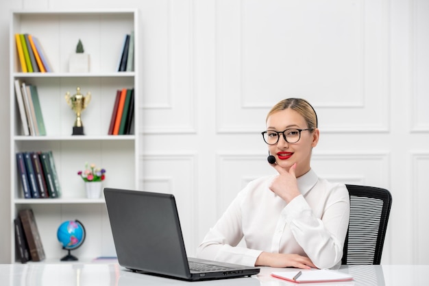 Customer service cute blonde girl office shirt with headset and computer wearing glasses