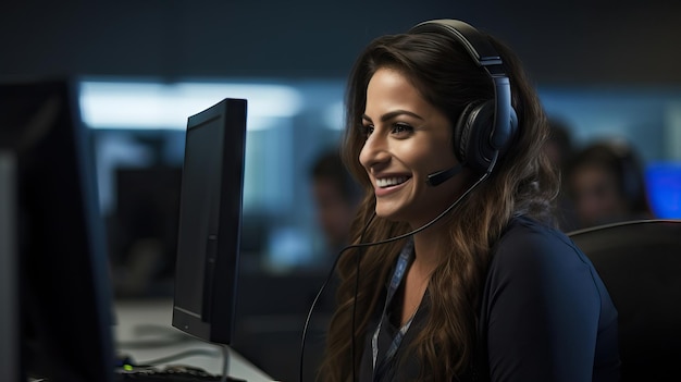 Customer service happy woman at call center speaking with clients online with computer headset mic