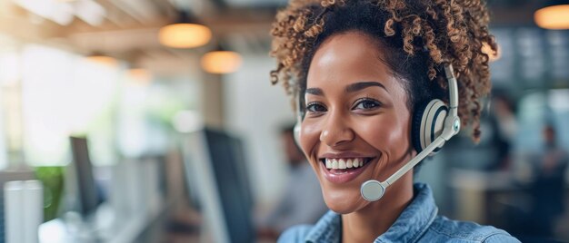 A customer service representative greets with a bright smile offering friendly and efficient support