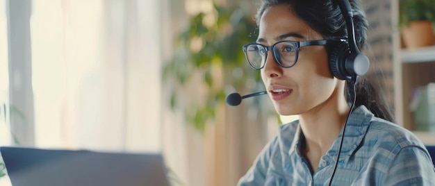 Customer service representative with headset engaged in problemsolving at her workstation