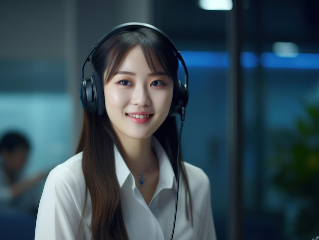 Customer service working in office smiling Asian female call center agent wearing a headset