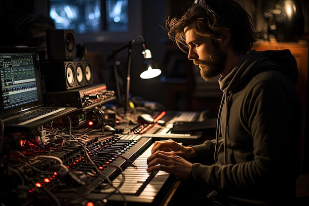 Photo customer sets up studio between microphones and varied equipment generative ia