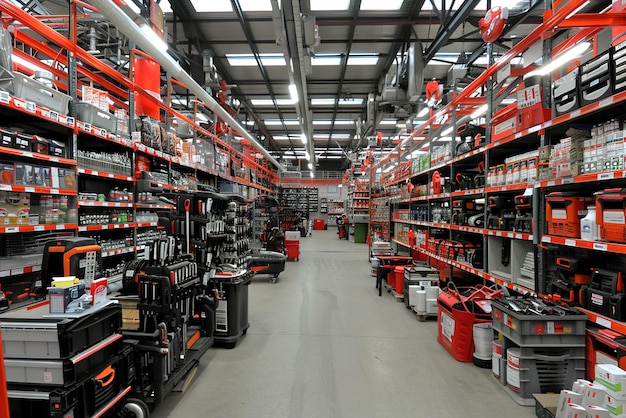 Customer shopping for tools in a wellstocked hardware store aisle examining products while a helpful