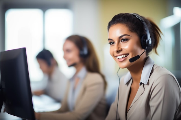 Customer support agent or call center in headset working at customer service office