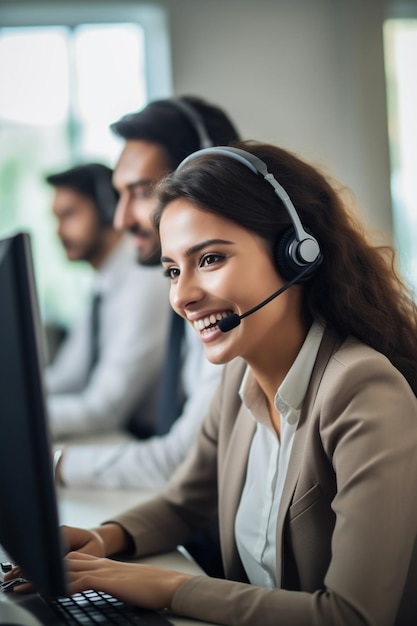 Customer support agent or call center in headset working at customer service office