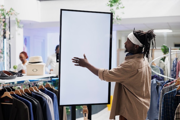 Customer using empty white smart screen to browse clothes