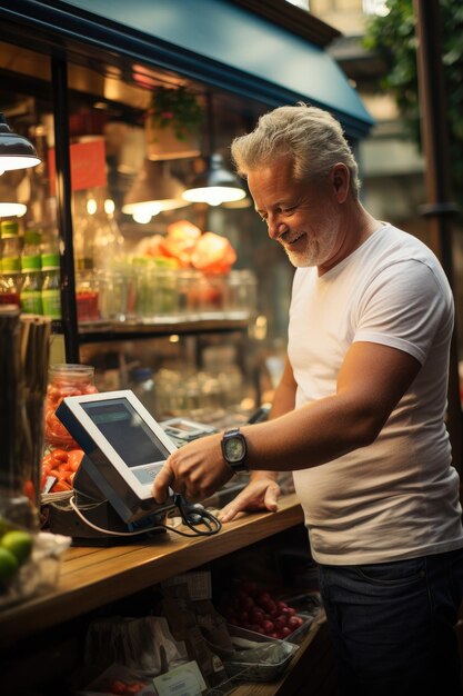 customer using a smartwatch to pay for their purchase at a local stall